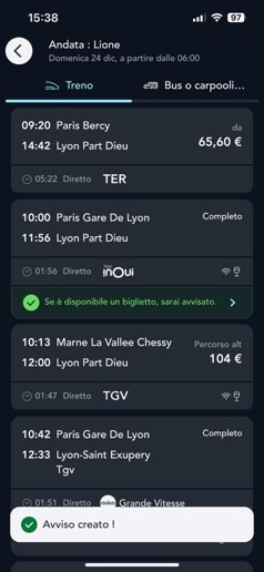 schermata della pagina dei risultati della ricerca dei biglietti sull'applicazione SNCF Connect che illustra l'opzione di avviso treno completo attivata